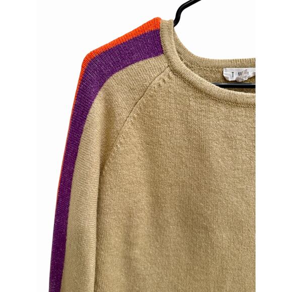 THML XS Beige Knit Sweater Colorblock Stripe Sleeves Purple Orange Crewneck - Picture 5 of 10